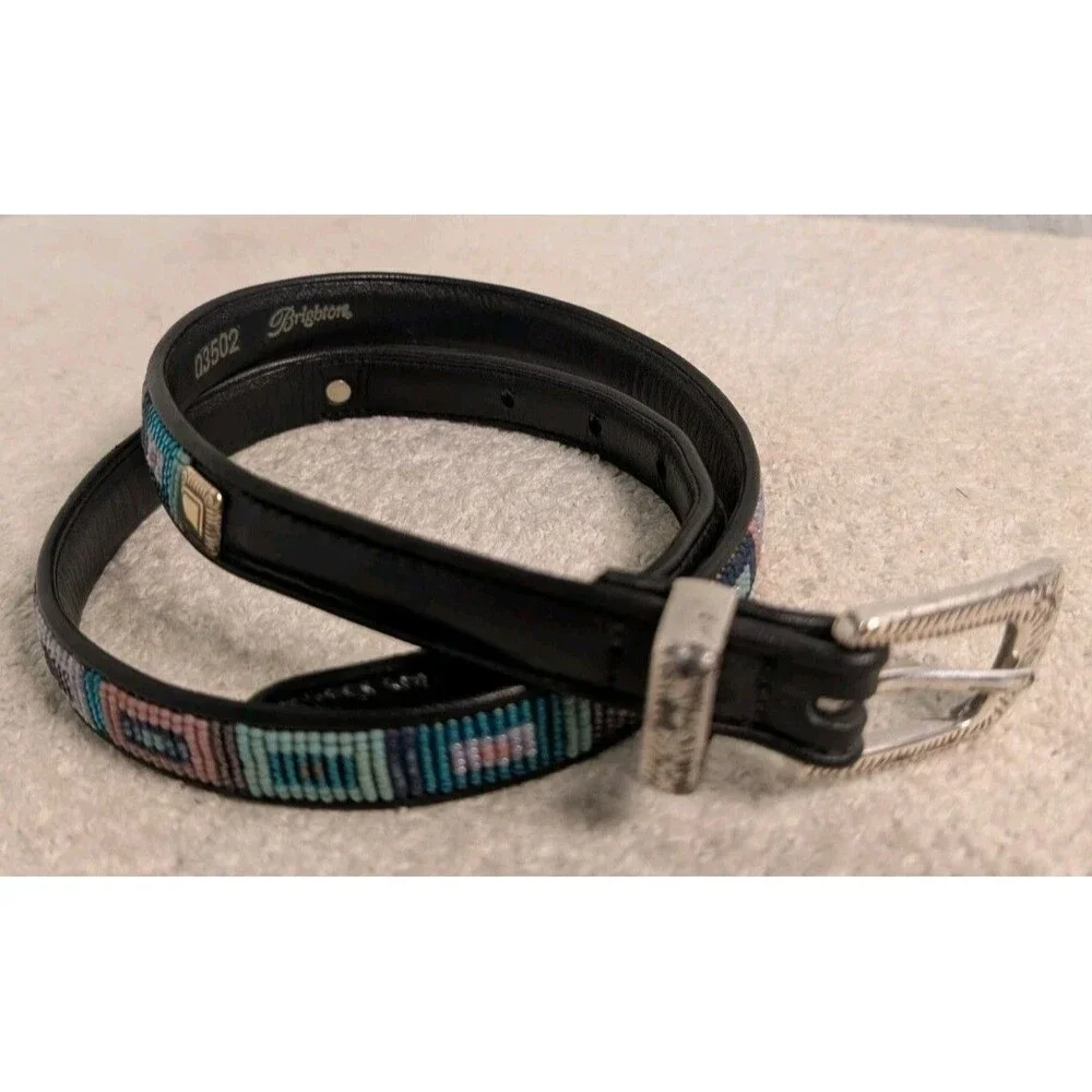 Brighton Beaded Leather Skinny Belt Size Medium 30 Southwestern Q3502 Black